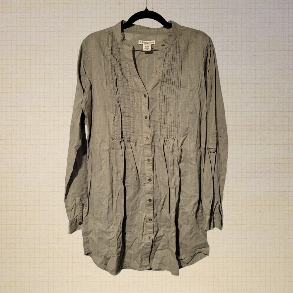 Prairie Style Ruffhewn Cotton Pleated Button-Up Top Green Women’s Size M